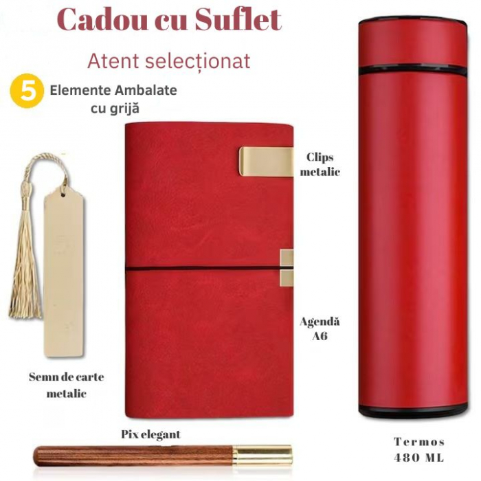 Set Cadou Barbati Giftry® – 5 Produse Premium: Termos Inox, Agenda A6 Piele Ecologica, Pix Elegant, Semn de Carte, Clips Metalic – Cutie Cadou, Ideal pentru Sot, Tata, Fiu, Frate, Rosu [2]