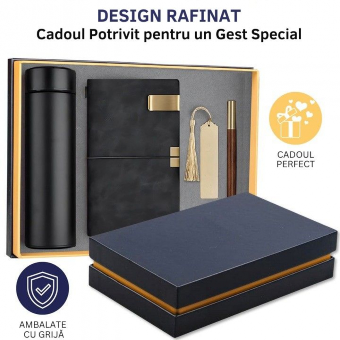 Set Cadou Barbati Giftry® – 5 Produse Premium: Termos Inox, Agenda A6 Piele Ecologica, Pix Elegant, Semn de Carte, Clips Metalic – Cutie Cadou, Ideal pentru Sot, Tata, Fiu, Frate, Negru [5]