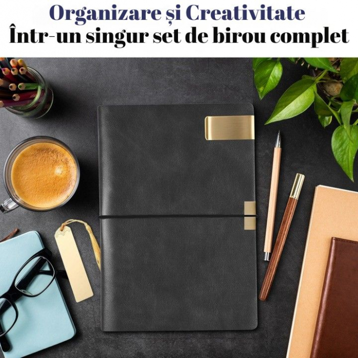Set Cadou Barbati Giftry® – 5 Produse Premium: Termos Inox, Agenda A6 Piele Ecologica, Pix Elegant, Semn de Carte, Clips Metalic – Cutie Cadou, Ideal pentru Sot, Tata, Fiu, Frate, Negru [4]