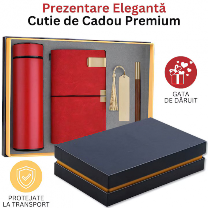 Set Cadou Barbati Giftry® – 5 Produse Premium: Termos Inox, Agenda A6 Piele Ecologica, Pix Elegant, Semn de Carte, Clips Metalic – Cutie Cadou, Ideal pentru Sot, Tata, Fiu, Frate, Rosu [3]