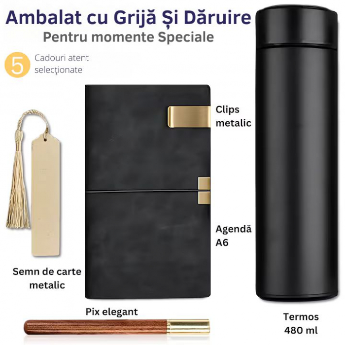 Set Cadou Barbati Giftry® – 5 Produse Premium: Termos Inox, Agenda A6 Piele Ecologica, Pix Elegant, Semn de Carte, Clips Metalic – Cutie Cadou, Ideal pentru Sot, Tata, Fiu, Frate, Negru [3]