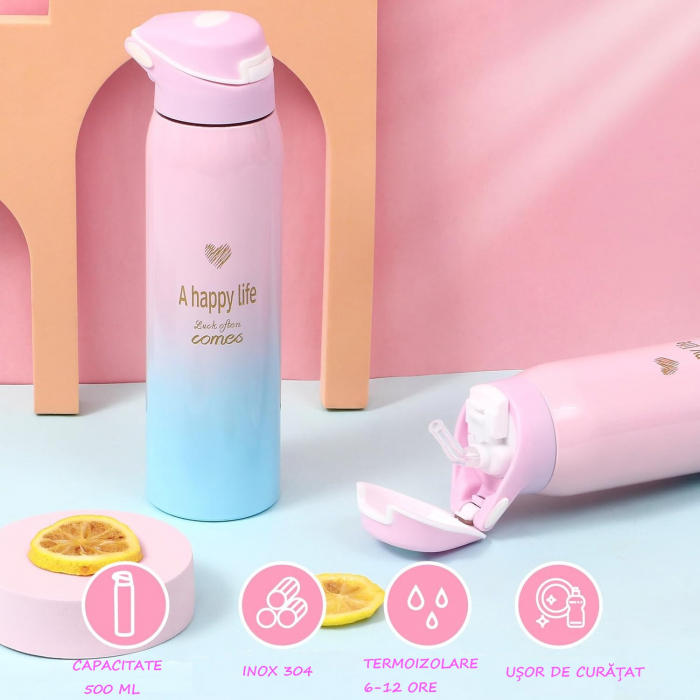 Set cadou Giftry®, 9 piese, Patura fosforescenta Unicorn, Sticla Termos, Geanta de umar, Masca pentru ochi, Fata de perna, Bratara charm, Bomba baie, Casti pufoase, Glob zapada, fete 4-12 ani, Roz [2]