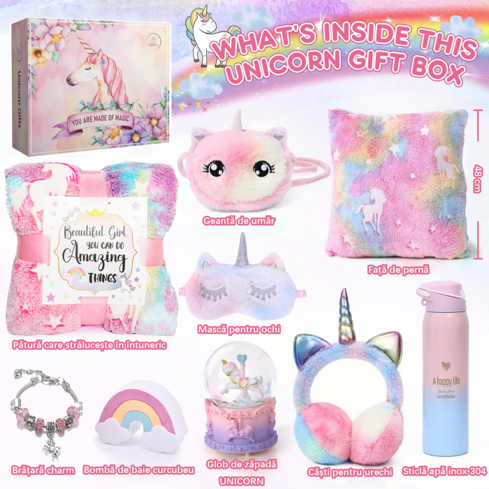 Set cadou Giftry®, 9 piese, Patura fosforescenta Unicorn, Sticla Termos, Geanta de umar, Masca pentru ochi, Fata de perna, Bratara charm, Bomba baie, Casti pufoase, Glob zapada, fete 4-12 ani, Roz [9]