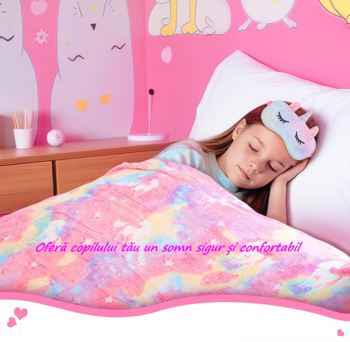 Set cadou Giftry®, 9 piese, Patura fosforescenta Unicorn, Sticla Termos, Geanta de umar, Masca pentru ochi, Fata de perna, Bratara charm, Bomba baie, Casti pufoase, Glob zapada, fete 4-12 ani, Roz [4]