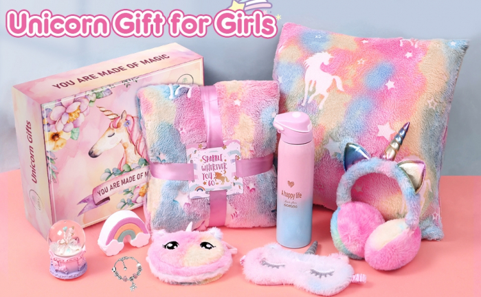 Set cadou Giftry®, 9 piese, Patura fosforescenta Unicorn, Sticla Termos, Geanta de umar, Masca pentru ochi, Fata de perna, Bratara charm, Bomba baie, Casti pufoase, Glob zapada, fete 4-12 ani, Roz [6]