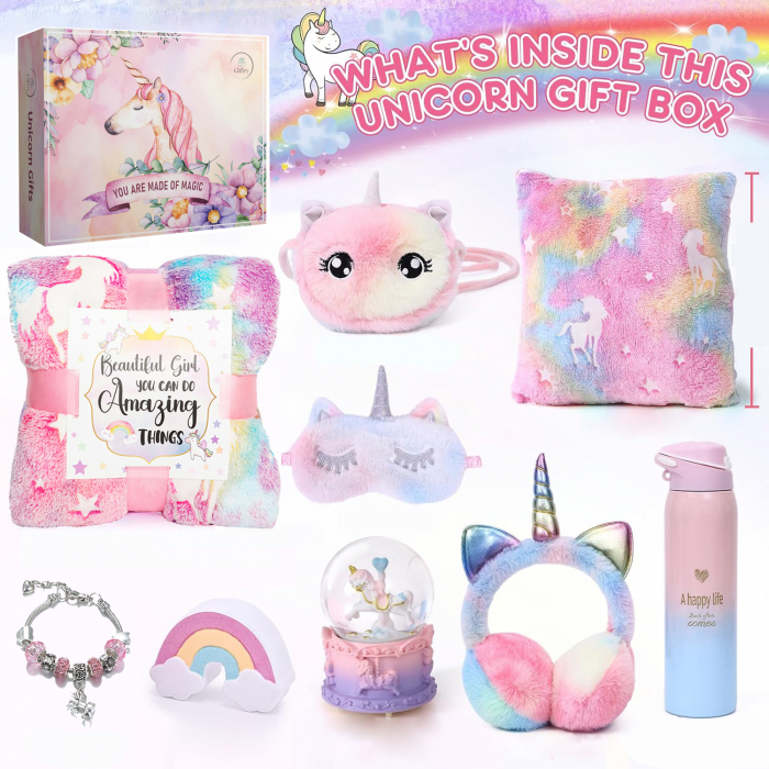 Set cadou Giftry®, 9 piese, Patura fosforescenta Unicorn, Sticla Termos, Geanta de umar, Masca pentru ochi, Fata de perna, Bratara charm, Bomba baie, Casti pufoase, Glob zapada, fete 4-12 ani, Roz [1]