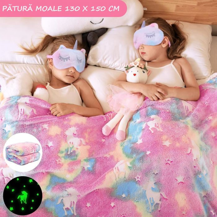 Set cadou Giftry®, 9 piese, Patura fosforescenta Unicorn, Sticla Termos, Geanta de umar, Masca pentru ochi, Fata de perna, Bratara charm, Bomba baie, Casti pufoase, Glob zapada, fete 4-12 ani, Roz [3]