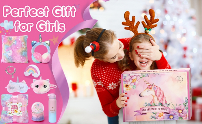 Set cadou Giftry®, 9 piese, Patura fosforescenta Unicorn, Sticla Termos, Geanta de umar, Masca pentru ochi, Fata de perna, Bratara charm, Bomba baie, Casti pufoase, Glob zapada, fete 4-12 ani, Roz [8]