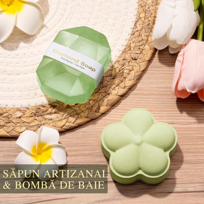 Set cadou Premium pentru femei, Giftry®, 10 Piese, Patura pufoasa, Spa vanilie–cocos, lumanare parfumata, termos inox, sapun, bomba de baie, sosete, masca satin, felicitare, Cutie eleganta, Verde [5]