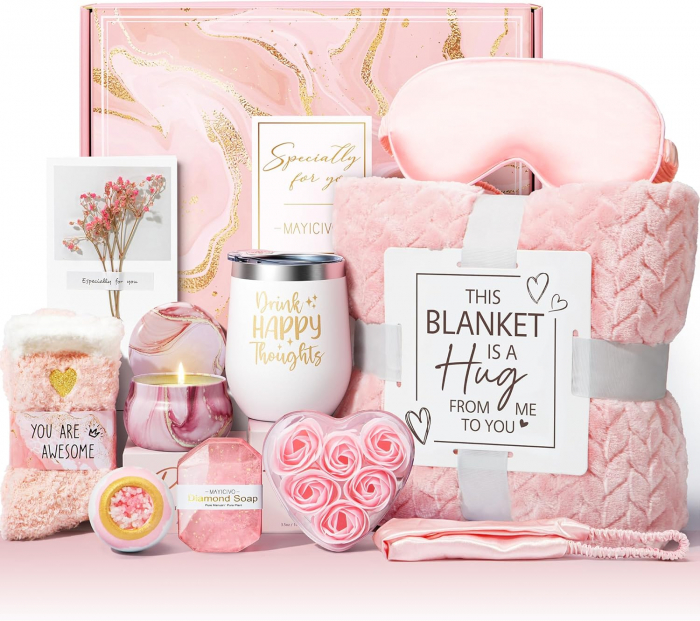 Set Cadou Premium pentru femei, Giftry®, 11 Piese, Patura pufoasa, Spa cu arome de trandafiri, lumanare parfumata, termos inox, sapun, cadou Craciun, 1, 8 Martie, Valentine’s Day, Cutie eleganta, Roz [1]