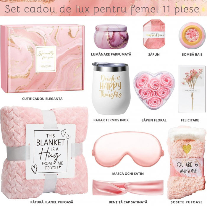 Set Cadou Premium pentru femei, Giftry®, 11 Piese, Patura pufoasa, Spa cu arome de trandafiri, lumanare parfumata, termos inox, sapun, cadou Craciun, 1, 8 Martie, Valentine’s Day, Cutie eleganta, Roz [3]