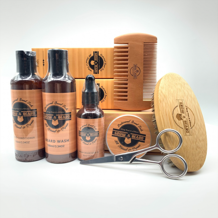 Set complet ingrijire barbati pentru barba si mustata, 8 piese, sampon, balsam, ulei, perie, piaptan, foarfeca [8]