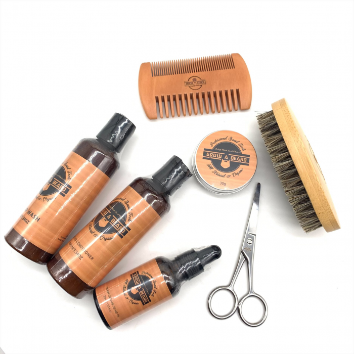 Set complet ingrijire barbati pentru barba si mustata, 8 piese, sampon, balsam, ulei, perie, piaptan, foarfeca [7]