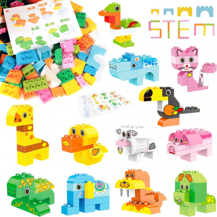 Set Constructie Giftry® cu 122 Piese – Blocuri Mari Colorate cu Animale Zoo, Compatibile cu Alte Seturi Populare, Jucarie Educativa STEM pentru Copii 3+ Ani, Cadou Creativ Baieti si Fete [1]