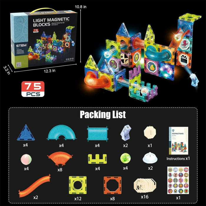 Set Constructie Magnetic Giftry® 75 Piese – Pista cu Bile Luminoase, Blocuri ABS, STEM Educativ, Autocolante, Cadou Copii 3+ [5]