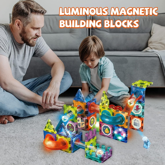 Set Constructie Magnetic Giftry® 75 Piese – Pista cu Bile Luminoase, Blocuri ABS, STEM Educativ, Autocolante, Cadou Copii 3+ [7]