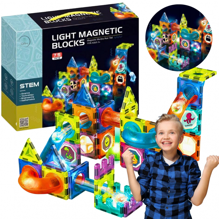 Set Constructie Magnetic Giftry® 75 Piese – Pista cu Bile Luminoase, Blocuri ABS, STEM Educativ, Autocolante, Cadou Copii 3+ [1]