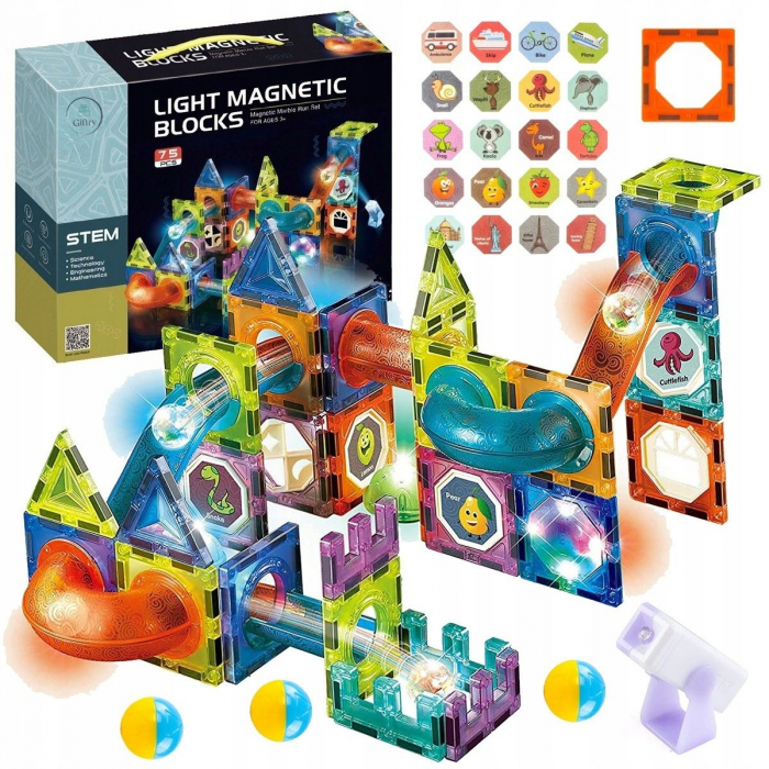 Set Constructie Magnetic Giftry® 75 Piese – Pista cu Bile Luminoase, Blocuri ABS, STEM Educativ, Autocolante, Cadou Copii 3+ [4]