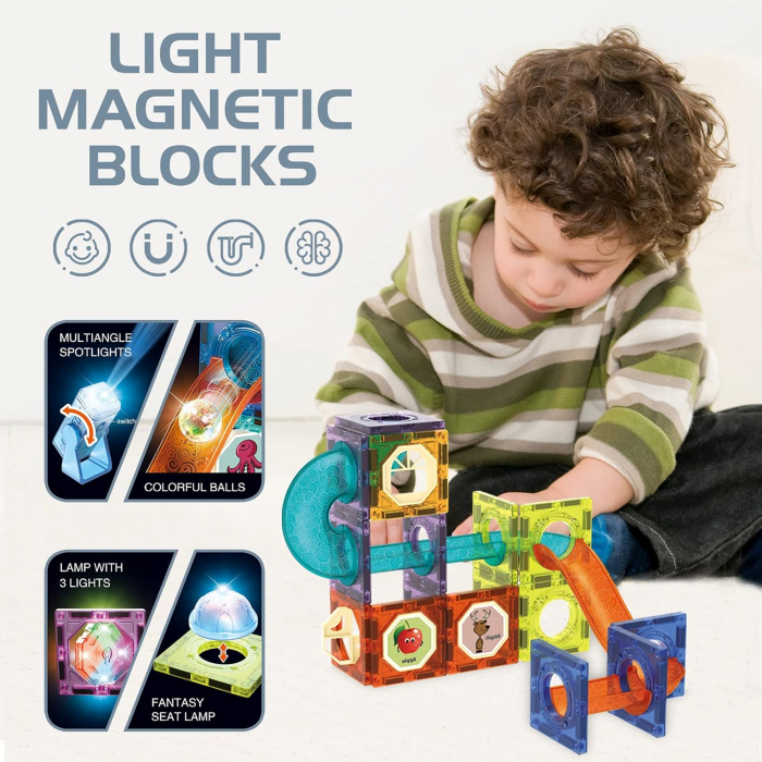 Set Constructie Magnetic Giftry® 75 Piese – Pista cu Bile Luminoase, Blocuri ABS, STEM Educativ, Autocolante, Cadou Copii 3+ [9]