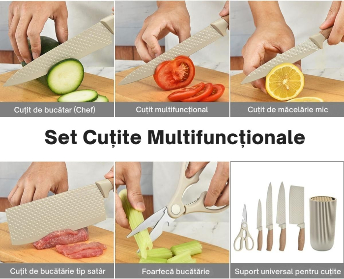 Set Cutite Bucatarie Giftry® Premium, 6 Piese, Otel Inoxidabil Anti-Rugina, Cutite pentru Bucatarie cu Suport Universal, Design Ergonomic, Culoare Crem [4]