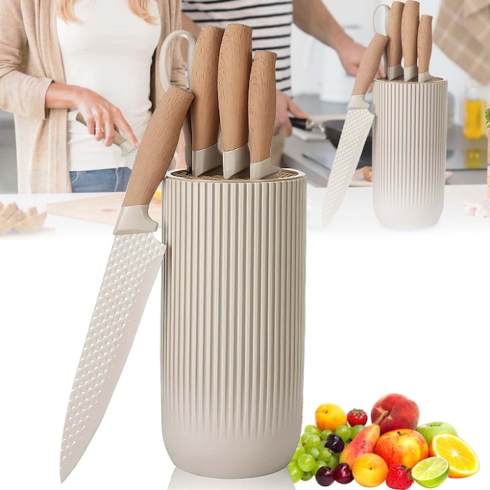 Set Cutite Bucatarie Giftry® Premium, 6 Piese, Otel Inoxidabil Anti-Rugina, Cutite pentru Bucatarie cu Suport Universal, Design Ergonomic, Culoare Crem [5]