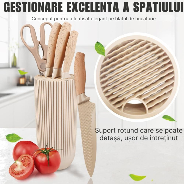 Set Cutite Bucatarie Giftry® Premium, 6 Piese, Otel Inoxidabil Anti-Rugina, Cutite pentru Bucatarie cu Suport Universal, Design Ergonomic, Culoare Crem [8]