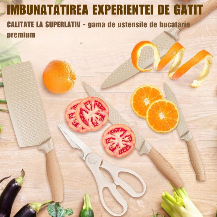 Set Cutite Bucatarie Giftry® Premium, 6 Piese, Otel Inoxidabil Anti-Rugina, Cutite pentru Bucatarie cu Suport Universal, Design Ergonomic, Culoare Crem [6]