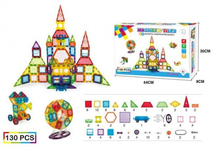 Set de Constructie Giftry®, Magnetic Tiles 3D, Elemente Magnetice, 130 Piese, Multicolor, 3 ani + [9]