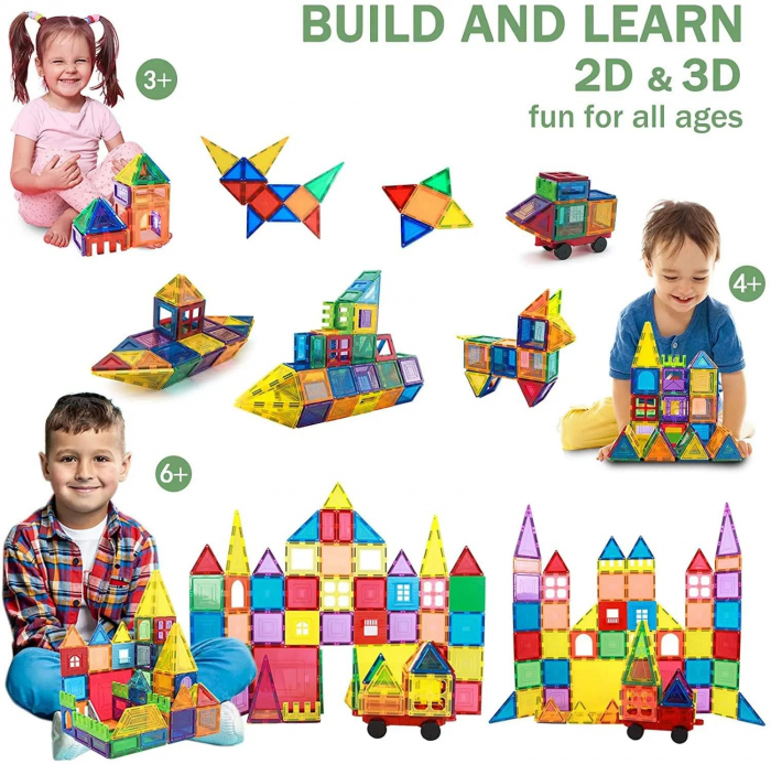 Set de Constructie Giftry®, Magnetic Tiles 3D, Elemente Magnetice, 130 Piese, Multicolor, 3 ani + [2]