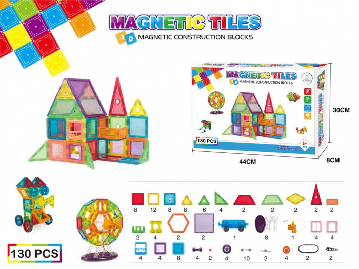 Set de Constructie Giftry®, Magnetic Tiles 3D, Elemente Magnetice, 130 Piese, Multicolor, 3 ani + [5]