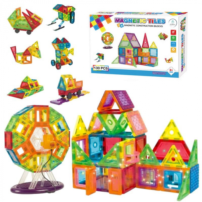 Set de Constructie Giftry®, Magnetic Tiles 3D, Elemente Magnetice, 130 Piese, Multicolor, 3 ani + [1]