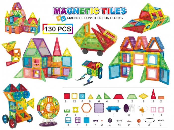 Set de Constructie Giftry®, Magnetic Tiles 3D, Elemente Magnetice, 130 Piese, Multicolor, 3 ani + [3]
