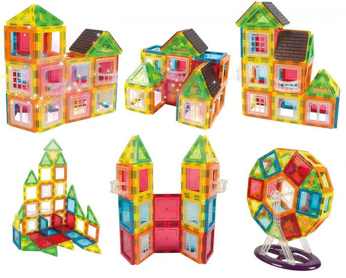 Set de Constructie Giftry®, Magnetic Tiles 3D, Elemente Magnetice, 130 Piese, Multicolor, 3 ani + [7]