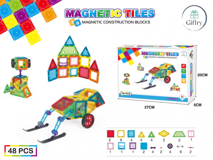 Set de Constructie Giftry, Magnetic Tiles 3D, jucarii educationale STEM, Cadou baieti si fete, 48 Piese, Multicolor, 3 ani + [1]