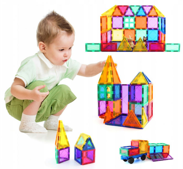 Set de Constructie Giftry, Magnetic Tiles 3D, jucarii educationale STEM, Cadou baieti si fete, 45 Piese, Multicolor, 3 ani + [4]