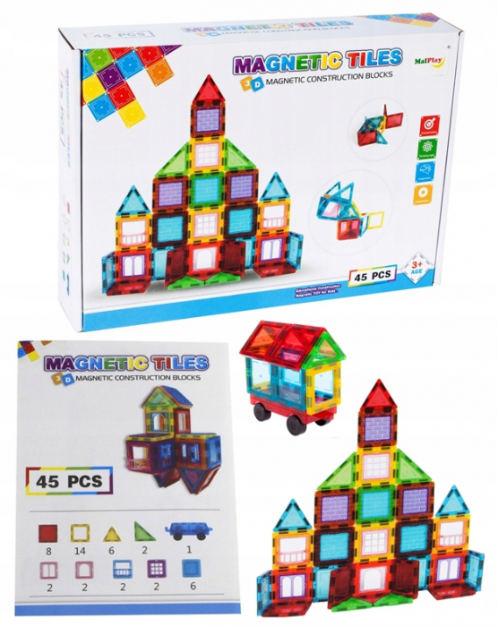 Set de Constructie Giftry, Magnetic Tiles 3D, jucarii educationale STEM, Cadou baieti si fete, 45 Piese, Multicolor, 3 ani + [1]