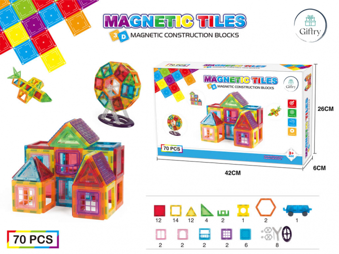 Set de Constructie Giftry, Magnetic Tiles 3D, jucarii educationale STEM, Cadou baieti si fete, 70 Piese, Multicolor, 3 ani + [2]