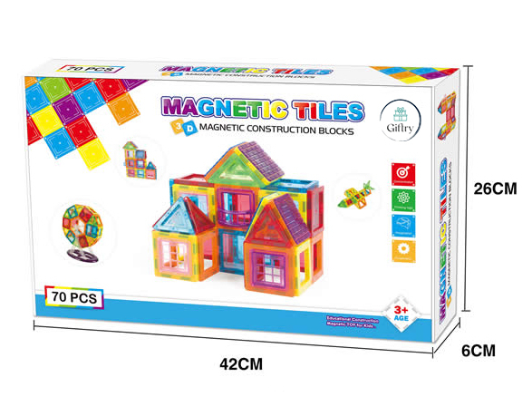 Set de Constructie Giftry, Magnetic Tiles 3D, jucarii educationale STEM, Cadou baieti si fete, 70 Piese, Multicolor, 3 ani + [10]