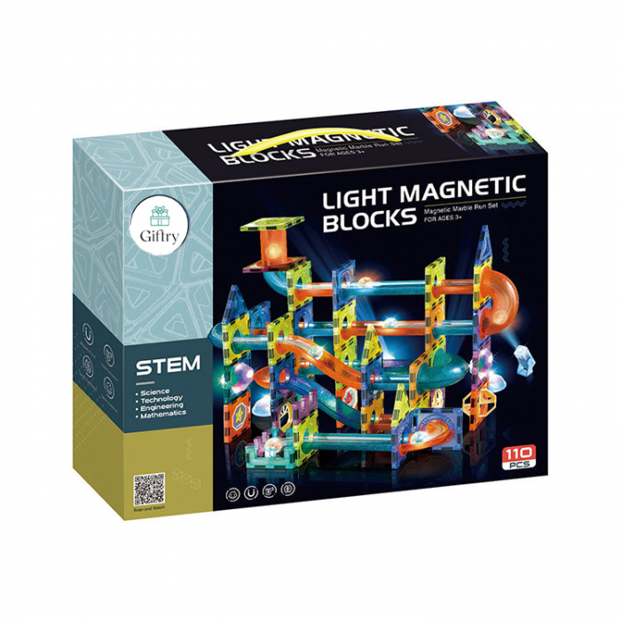 Set de Constructie Giftry, Magnetic Tiles 3D, jucarii luminoase STEM, baieti si fete, 110 Piese, 3 ani + [13]