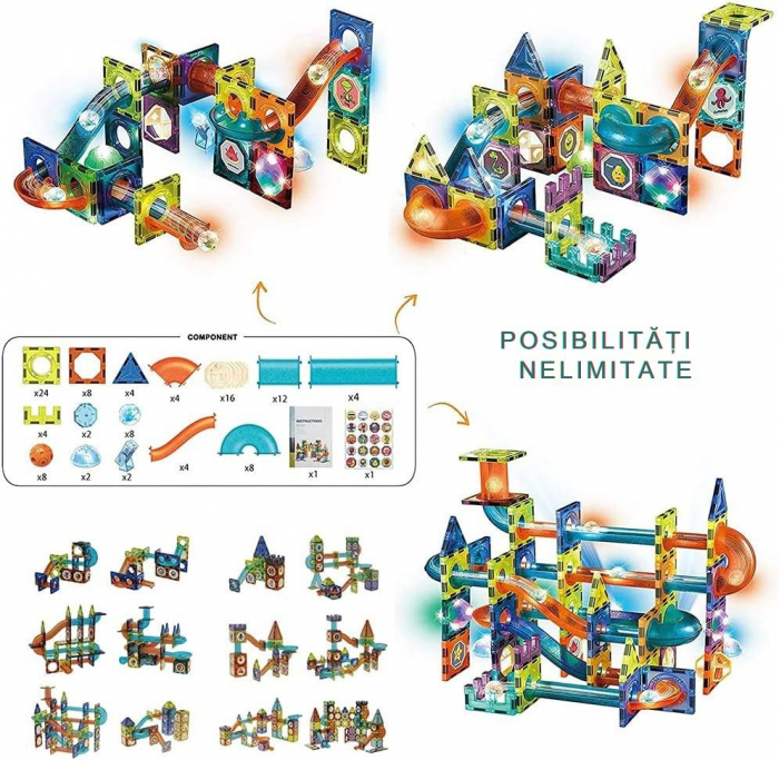 Set de Constructie Giftry, Magnetic Tiles 3D, jucarii luminoase STEM, baieti si fete, 110 Piese, 3 ani + [3]