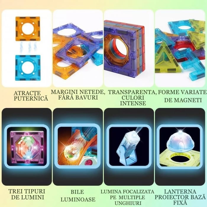 Set de Constructie Giftry, Magnetic Tiles 3D, jucarii luminoase STEM, baieti si fete, 110 Piese, 3 ani + [14]