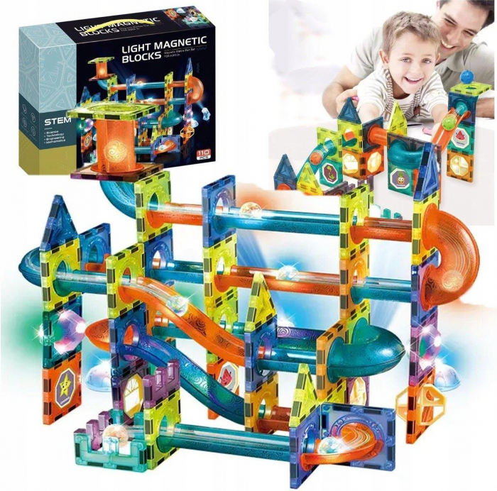 Set de Constructie Giftry, Magnetic Tiles 3D, jucarii luminoase STEM, baieti si fete, 110 Piese, 3 ani + [1]