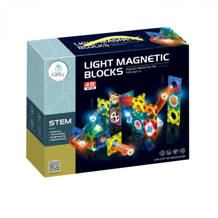 Set de Constructie Giftry, Magnetic Tiles 3D, luminoase jucarii STEM, baieti si fete, 49 Piese, 3 ani + [13]