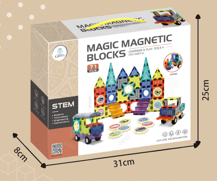 Set de Constructie Magnetic Tiles 3D, jucarii educationale luminoase STEM, 71 Piese, multicolor, 3 ani + [7]