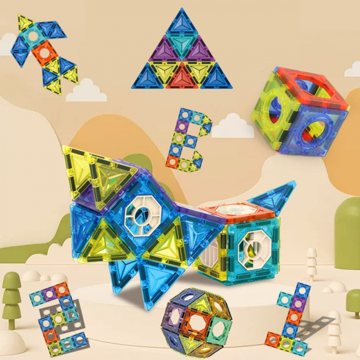 Set de Constructie Magnetic Tiles 3D, jucarii educationale luminoase STEM, 71 Piese, multicolor, 3 ani + [3]