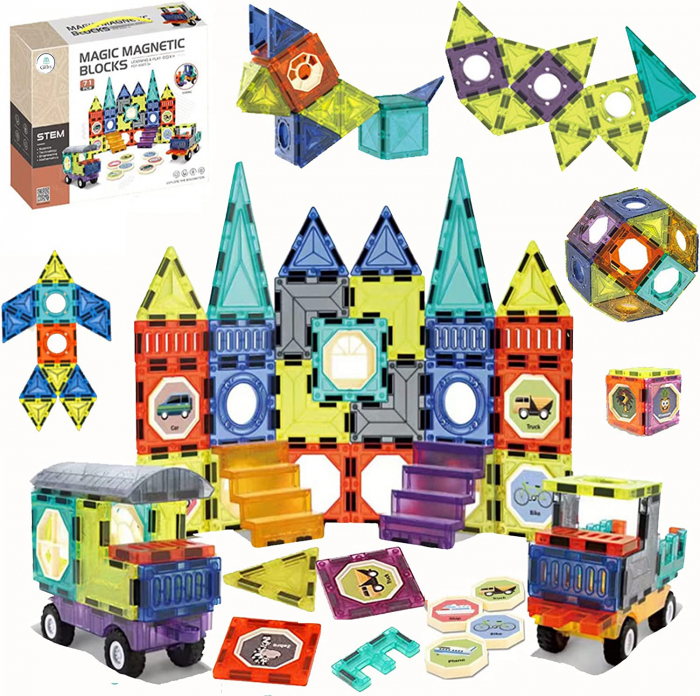 Set de Constructie Magnetic Tiles 3D, jucarii educationale luminoase STEM, 71 Piese, multicolor, 3 ani + [8]