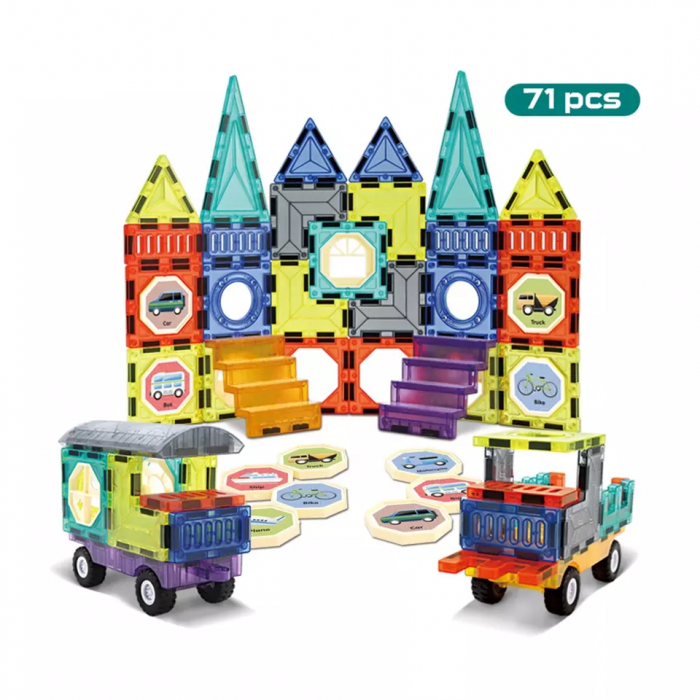 Set de Constructie Magnetic Tiles 3D, jucarii educationale luminoase STEM, 71 Piese, multicolor, 3 ani + [6]