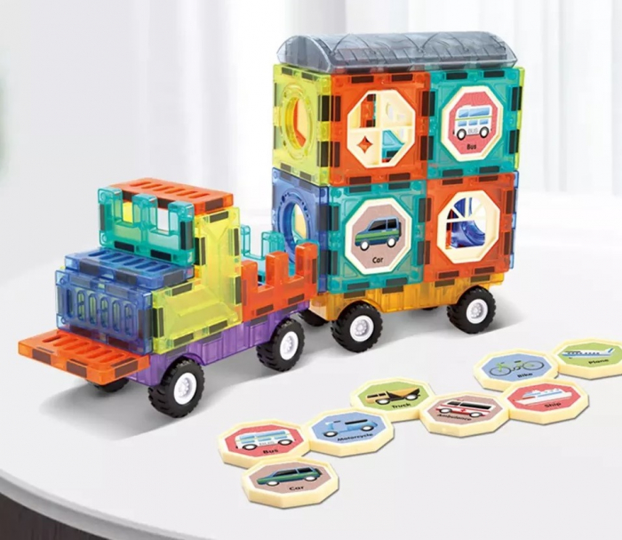 Set de Constructie Magnetic Tiles 3D, jucarii educationale luminoase STEM, 71 Piese, multicolor, 3 ani + [5]