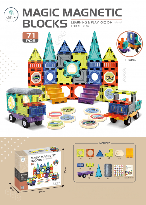 Set de Constructie Magnetic Tiles 3D, jucarii educationale luminoase STEM, 71 Piese, multicolor, 3 ani + [1]