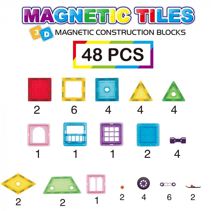 Set de Constructie Giftry, Magnetic Tiles 3D, jucarii educationale STEM, Cadou baieti si fete, 48 Piese, Multicolor, 3 ani + [5]